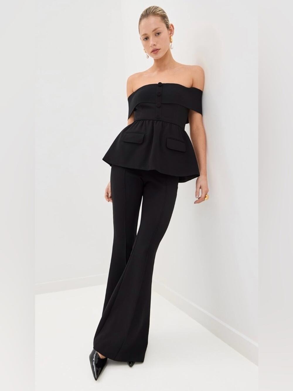NWT Self-Portrait  Black Crepe Off Shoulder Jumpsuit Size 2